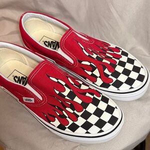 Vans Red Flame and Checkered Slip-Ons